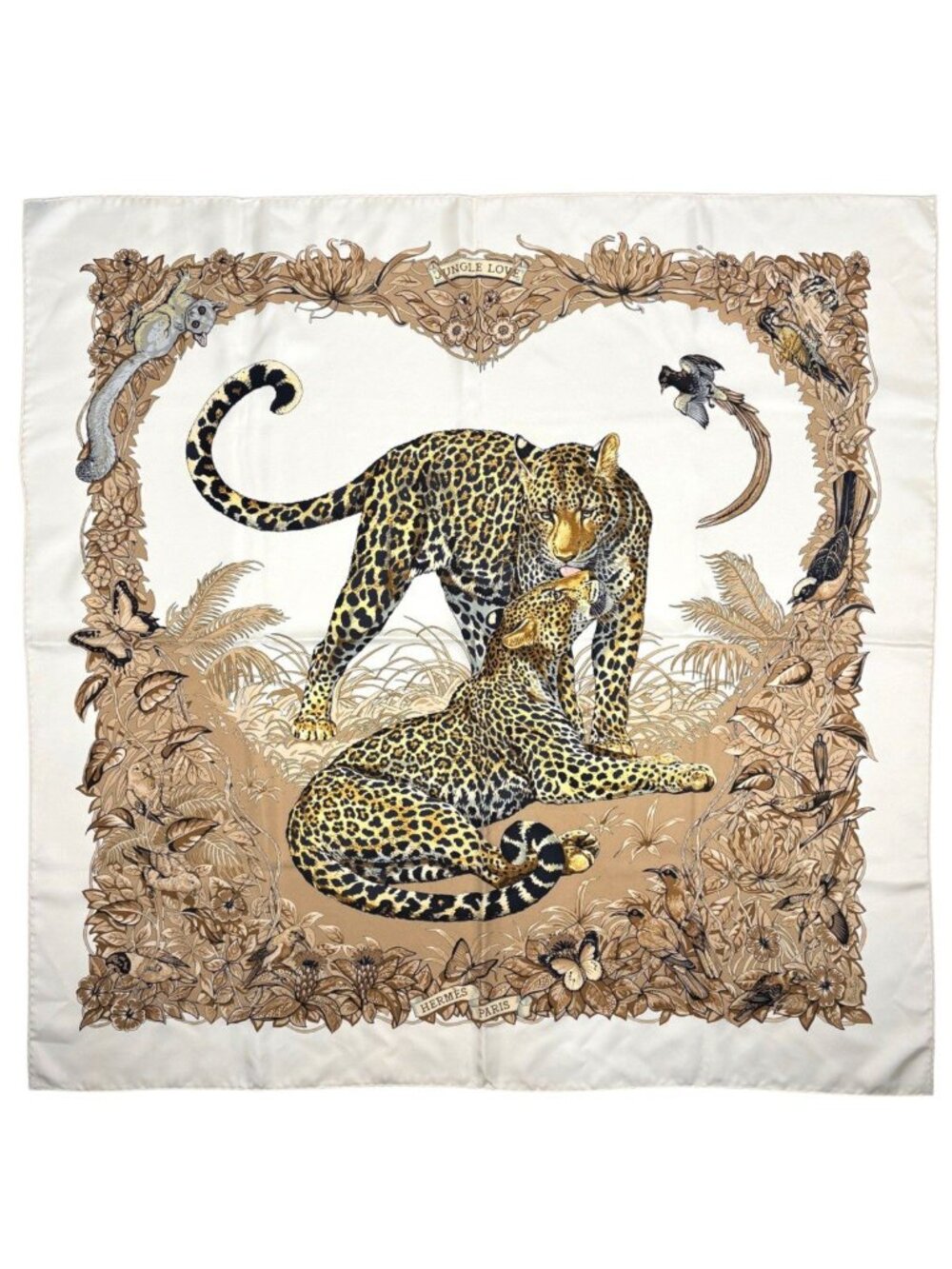 Hermes Carre 90 Jungle Love Scarf Silk Beige Black
